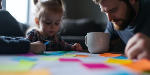 A father and his young child engage in creativity and learning together at the table, using colorful sticky notes, fostering bonding and development.
