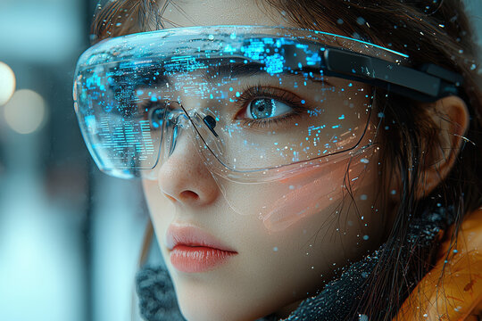 A person using augmented reality glasses to overlay digital information onto the real world, enhancing their everyday experiences. Concept of AR integration.