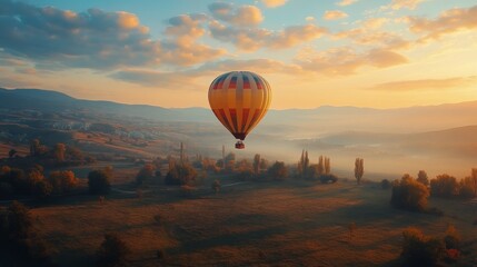 Obraz premium Colorful hot air balloon ascends over peaceful landscape during sunset in serene countryside