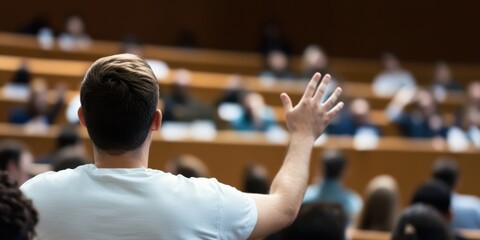 A person raising their hand to ask a question in a large lecture hall filled with attentive audiences, symbolizing engagement, knowledge, and active participation in an educational setting.