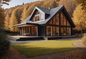 Obraz premium A spacious and large house featuring a blue roof and numerous windows