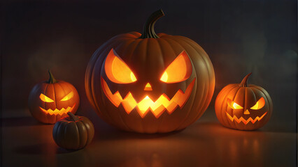 Spooky jack-o'-lanterns, with menacing grins, glowing brightly in a dark setting for Halloween