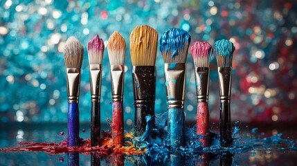 Vibrant Paintbrushes with Colorful Paints in Artistic Splashes