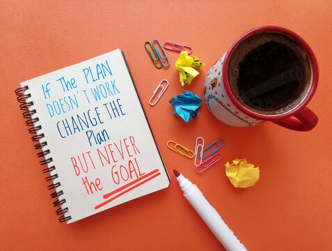 If the plan doesn't work change the plan but never the goal. Motivation quote written on notebook. Positive inspirational message with a cup of coffee. Self motivation, planning setting goals concept