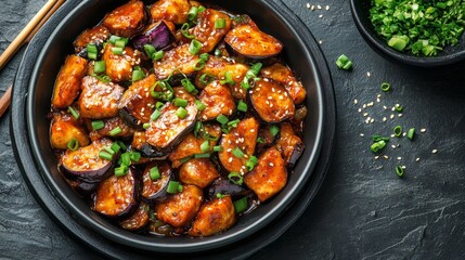 Delicious roasted eggplant wedges garnished with green onions served in a black bowl
