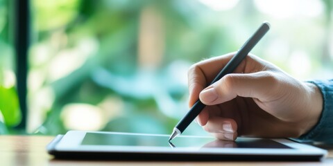 A close-up shot of a person holding a stylus and writing on a digital tablet, representing modern technology and the digitalization of writing tools.