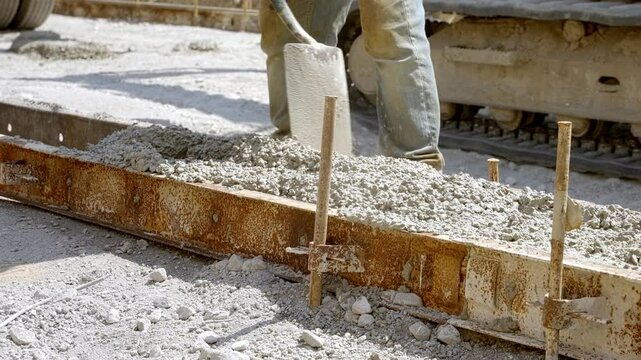 Creating a Concrete Strip Foundation, Construction worker  Shaping Concrete with Showel 