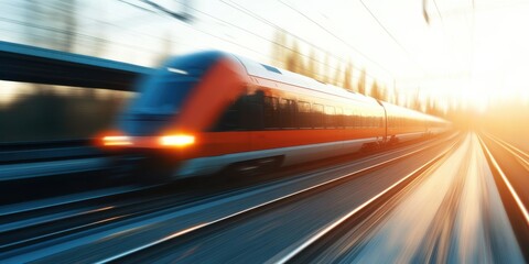 Fototapeta premium A blurred image of a red and white train speeding down railway tracks, capturing the essence of modern transportation and the efficiency of rail travel.