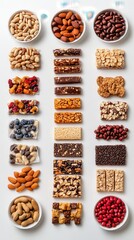 A colorful collection of healthy snacks including nuts, seeds, and protein bars arranged neatly