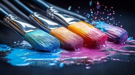Fototapeta premium Vibrant Paintbrushes with Colorful Paints in Artistic Splashes