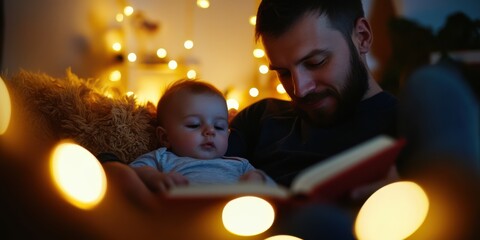 In warm lighting, a father and his infant share a bedtime story at home, highlighting bonding, storytelling, and the magic of night-time routines.