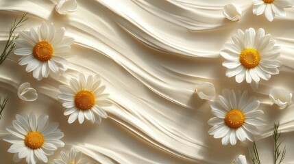 Delicate white daisies blooming against a soft, textured backdrop in warm afternoon light