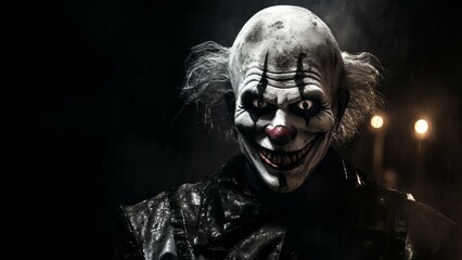 creepy scary Halloween clown with Evil Smile on a dark background. Nightmare Clown. 