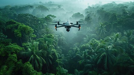 Fototapeta premium Aerial drone hovering above the dense lush canopy of a remote tropical jungle or rainforest The drone s captures the intricate verdant foliage and misty