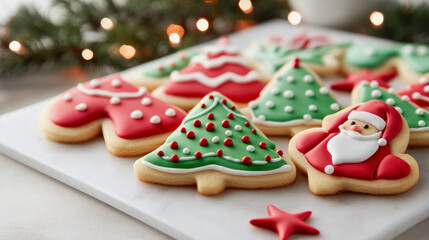 Obraz premium christmas cookies with green and red icing in the shape of christmas trees and santa claus