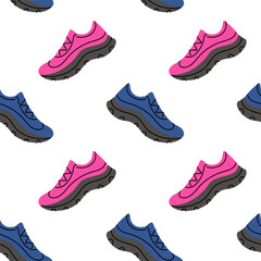 Colorful running shoes pattern with pink and blue designs on a clean white background