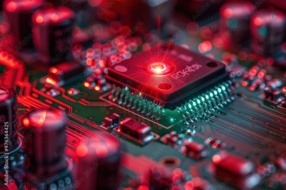 Poster a close up of a computer chip with a green light on it