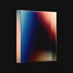 3d crystal glass block shape with refraction gradient shades of blue, red, and pink on dark background. The smooth holographic reflective surface with dispersion light. Vector 3d illustration