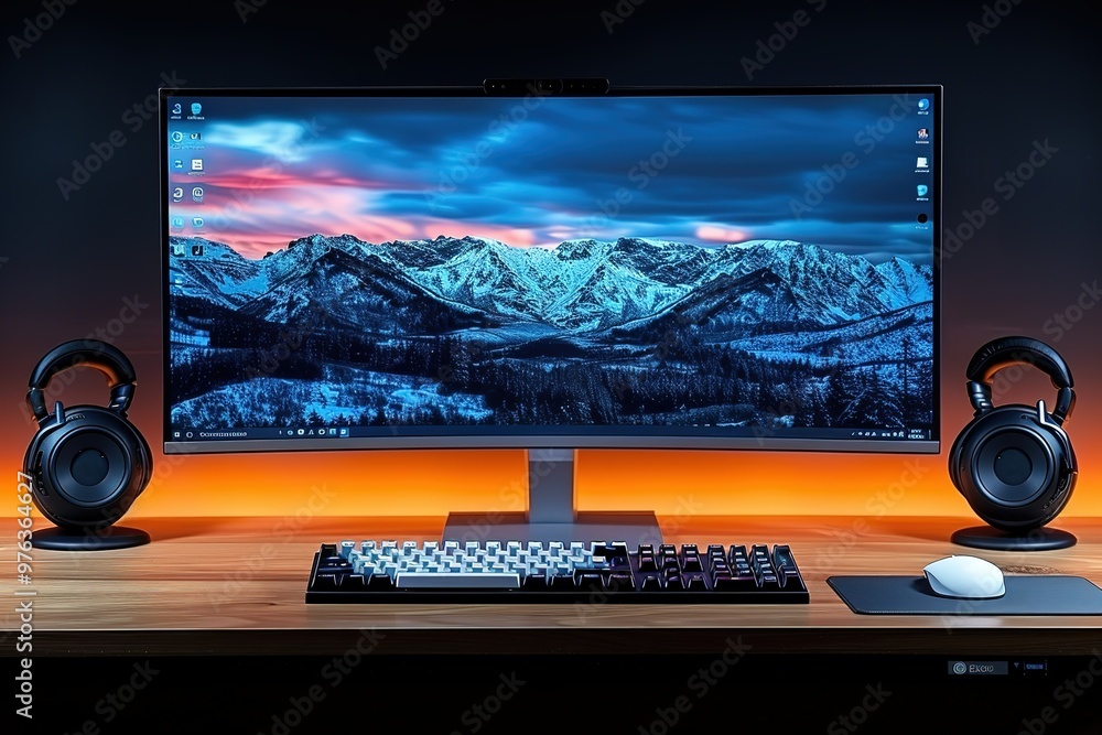 Poster a computer monitor with a mountain background and a keyboard and mouse on a desk