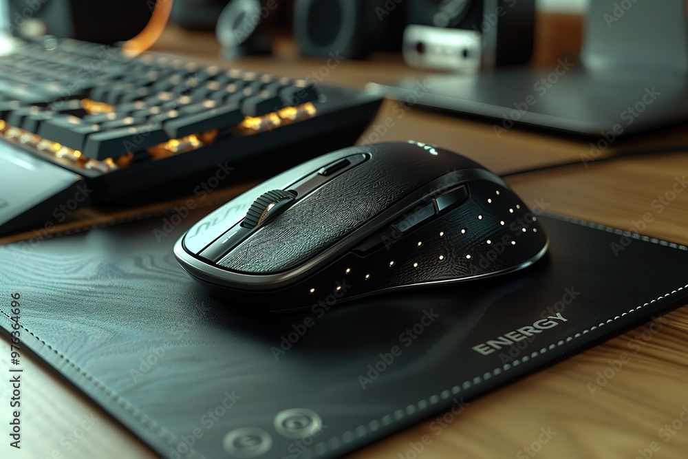 Poster a black computer mouse sits on a mouse pad with the word energy written on it