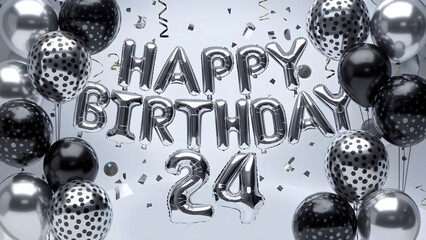 Stylish 24th Birthday Celebration with Black, Silver, and Polka Dot Balloons in a Modern and Elegant Setting