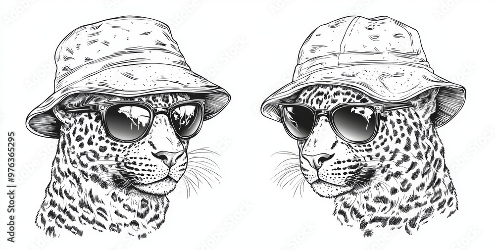 Wall mural in this modern engraving, a leopard set sunglasses is adorned with an ink sketch of an african wild 