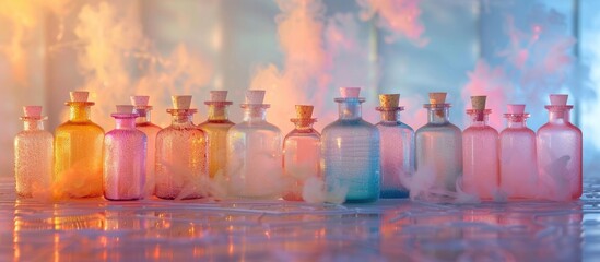 Assortment of antique glass bottles filled with various colorful liquids creating a stunning still life composition with reflections on a smooth surface  The scene evokes a sense of luxury wellness