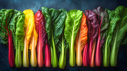 A vibrant arrangement of colorful Swiss chard leaves showcasing their natural beauty and diversity, perfect for food photography.