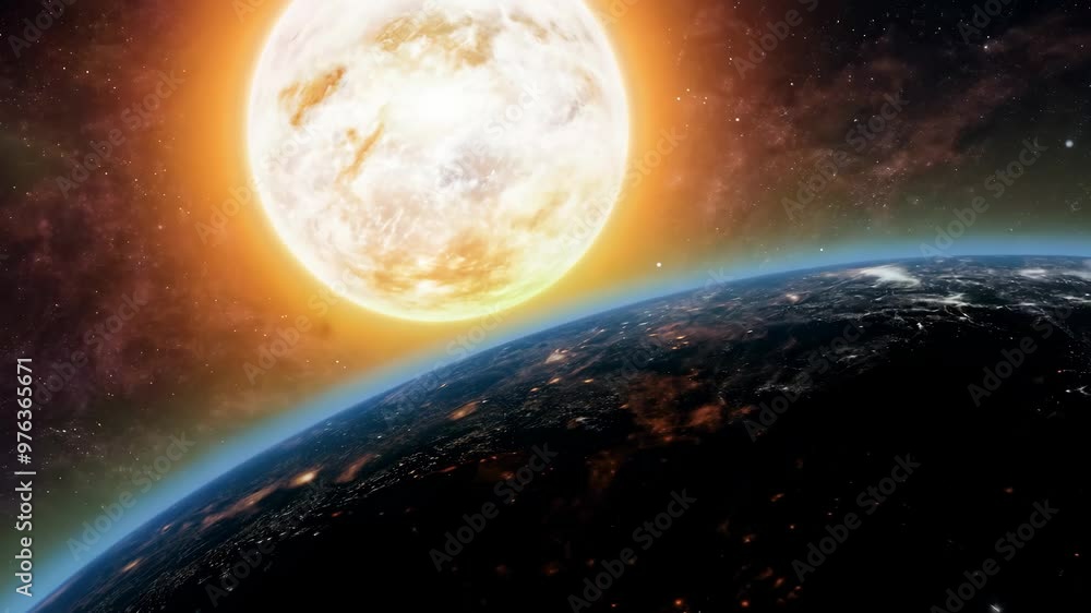 Poster a planet with a sun in the background. the planet is in the middle of the image