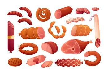 Meat products. Vector icon set of steak, salami, pork bacon, chicken, chorizo, ham, bbq frankfurters sausages, pepperoni. Meat market, butchery menu, shop products, grill bar. Barbecue delicatessen