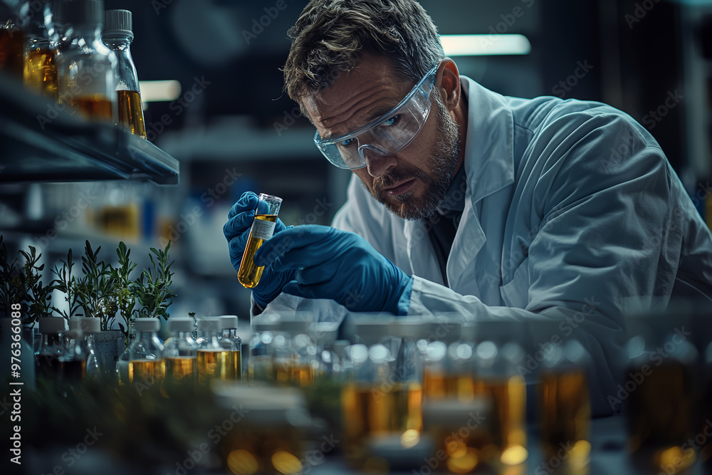 Poster a scientist conducting an experiment in a lab, with test tubes and equipment arranged neatly on a co