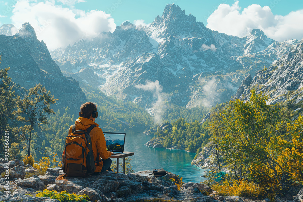 Poster a remote worker setting up a productive workspace in a scenic outdoor location, blending nature with