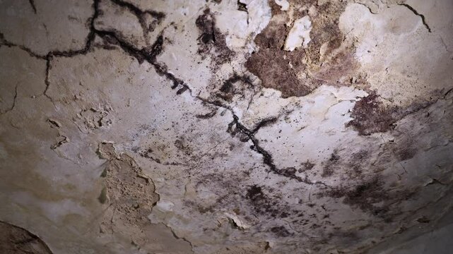 The white ceiling in the interior of the room is covered with cracks and mold. Concept of health hazard among old damp walls.
