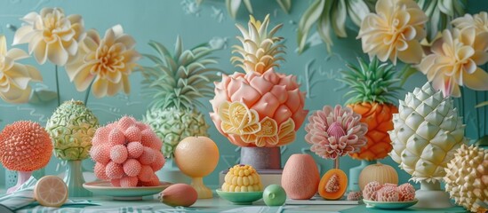 Vibrant and Colorful Tropical Fruit and Flower Arrangement Displayed on a Pastel Green Background  Organic Natural and Healthy Produce and Floral Elements Composition