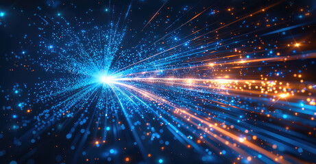 Fototapeta premium Blue technology background with speed lines and glow effect on a dark blue background. Generative AI.