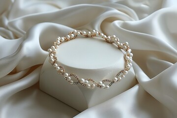 A gold and white pearl necklace sits on a white surface