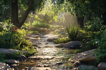 Obraz premium A picturesque stream flows gently through a lush, sun-dappled forest, surrounded by vibrant greenery and rocky outcrops.