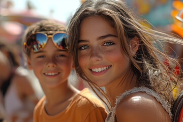 Fototapeta premium A family enjoying a day at an amusement park, with excitement and joy evident on their faces as they ride roller coasters. Concept of family fun and entertainment.