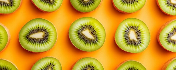 Fototapeta premium Sliced kiwi fruit pattern on vibrant orange background, fresh and healthy food concept