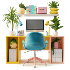 workplace desk chair computer monitor plants office colorful modern workspace home office shelves stationery storage organized decor vibrant interior lamp 