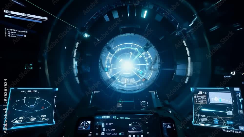Fototapete a video game is displayed with a view of a spaceship cockpit. the cockpit has a large screen that sh