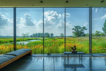 Fototapeta premium A large window overlooks a field of flowers