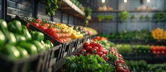 Vibrant Produce Display in Modern Grocery Market with Variety of Fresh Vegetables and Fruits Arranged on Shelves for Sale