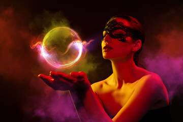 Naklejka premium Creative abstract halloween collage lady hold hands doing power spell bubble on dark mist red purple violet background