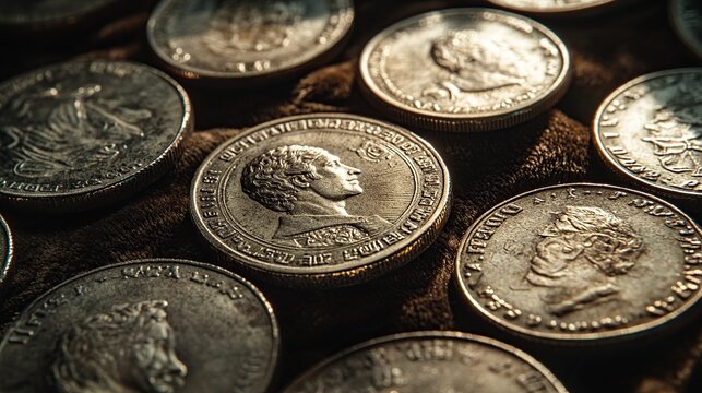 A collection of vintage coins arranged closely, showcasing intricate designs and historical figures.