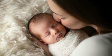 A tender moment of a mother kissing her newborn baby, who is wrapped in a soft, white blanket, capturing the essence of maternal love and bonding.