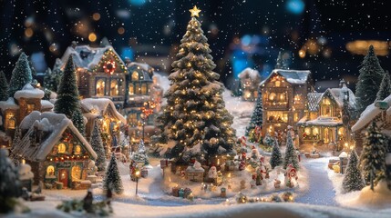 Charming winter village with snow-covered houses and pine trees during the holiday season