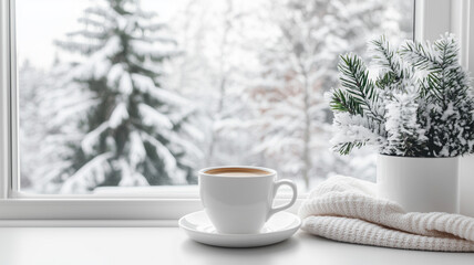 冬の朝のミニマルデスクとコーヒー