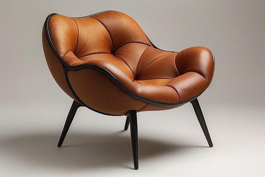 A brown leather chair with a black trim