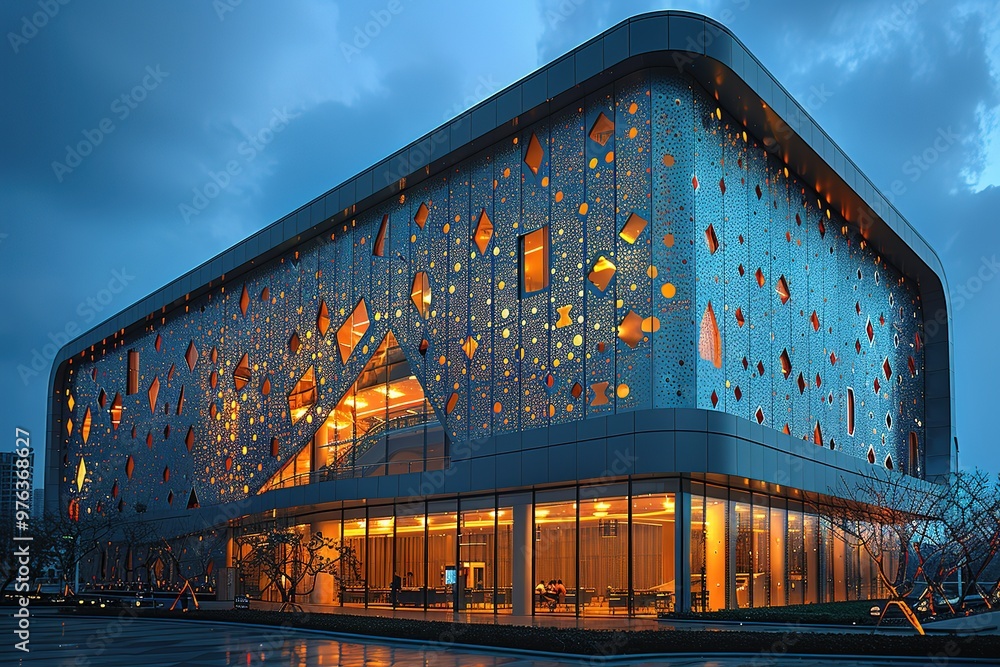 Poster a large building with many windows and a lot of light shining through them